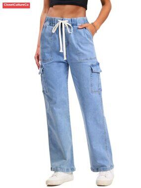 Women's Cargo Jeans Stretchy Baggy Drawstring Denim Pants